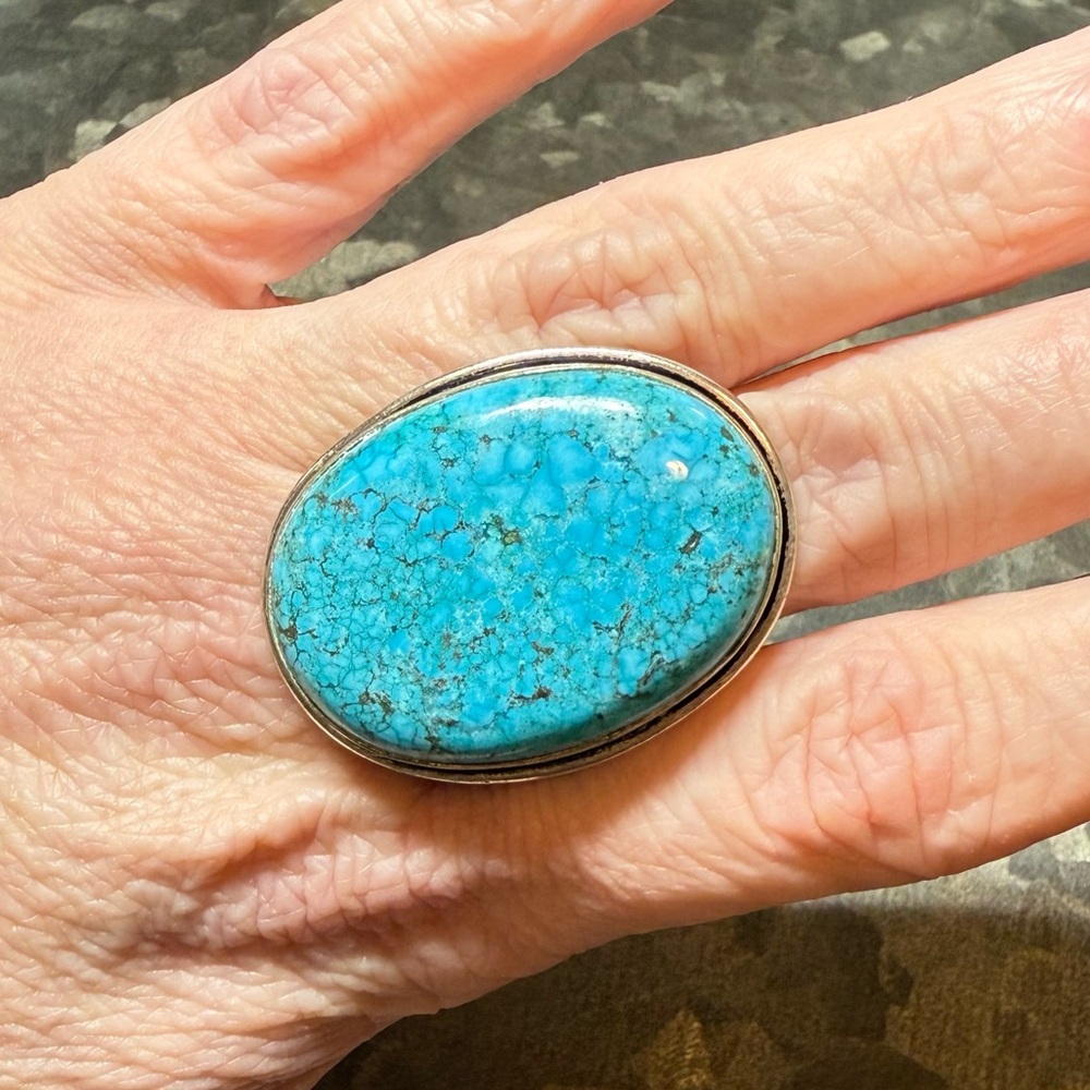 Sterling Silver 925 Large Polished Oval Turquoise Statement Cocktail Ring